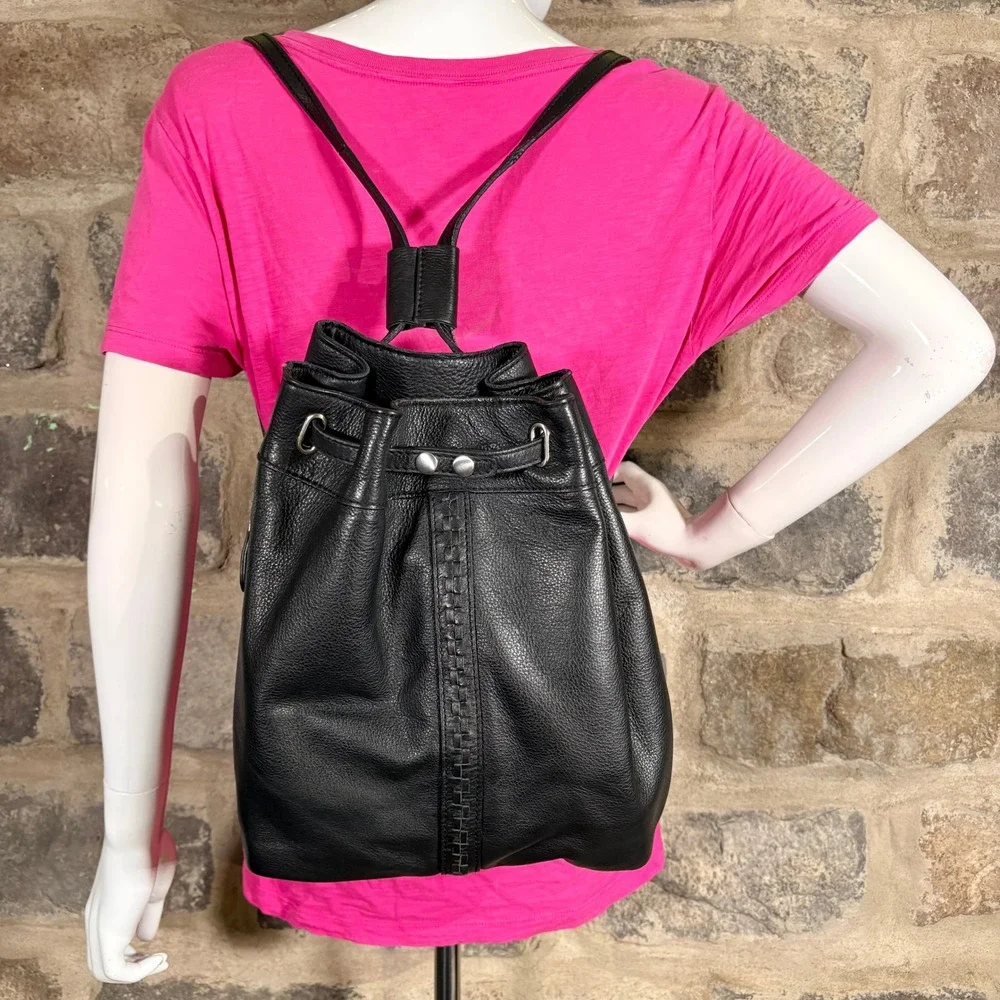 Kelsi Dagger Brooklyn Black‎ Leather Drawstring Backpack Bag Woven Detail